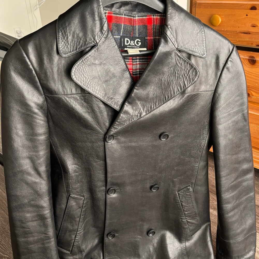 Dolce and Gabbana black leather pea coat.